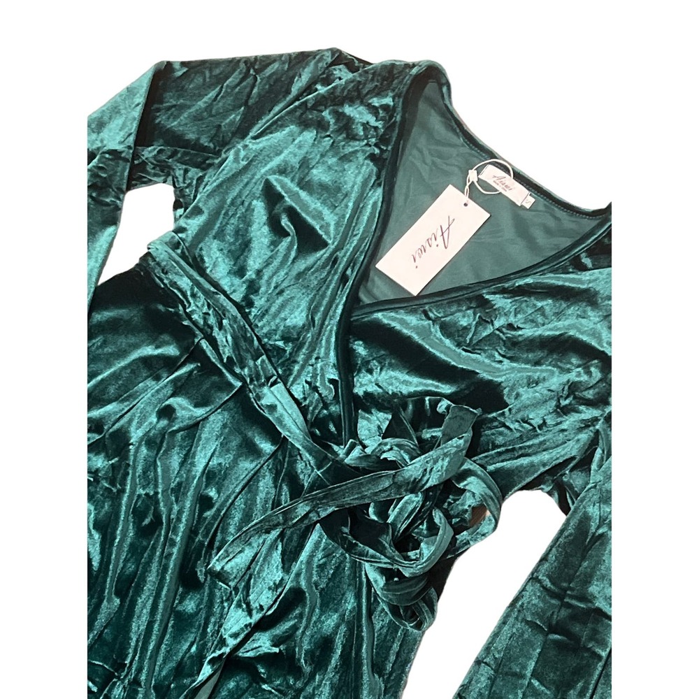 Green, Long‎ Sleeve, Velvet Midi Dress, Size S, 805-X